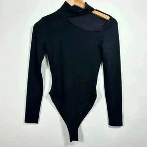 ZARA Shoulder Cutout Black Long Sleeve Bodysuit High Cut Thong Women Small